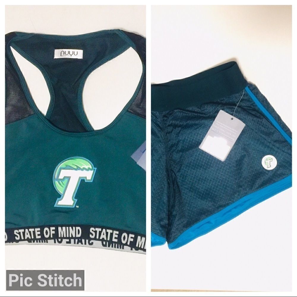 Tulane University Logo Green Wave 2 pc set Top & Shorts Lg Black Mesh